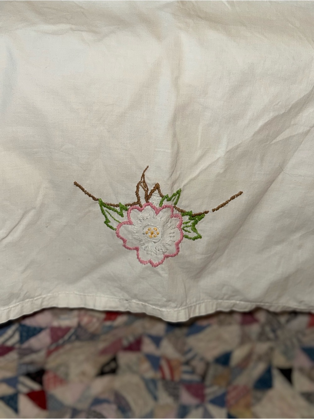 Embroidered White Pillowcase with Pink Floral Motif